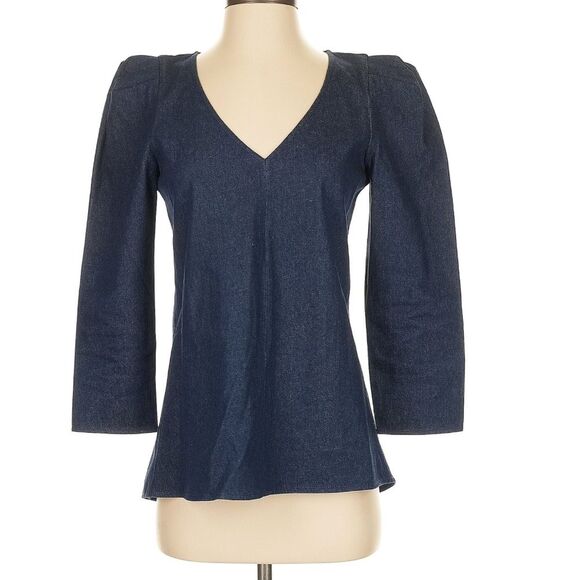 Tuckernuck Denim Tetley Puff Sleeve V-neck Top XS - Picture 2 of 6